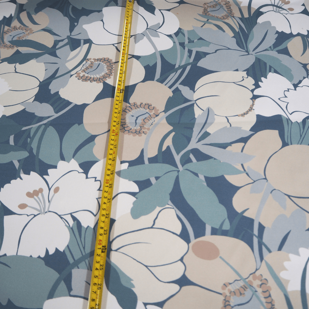 Blue and Oatmeal large floral design Curtain Fabric. - Clearance Fabric Shop